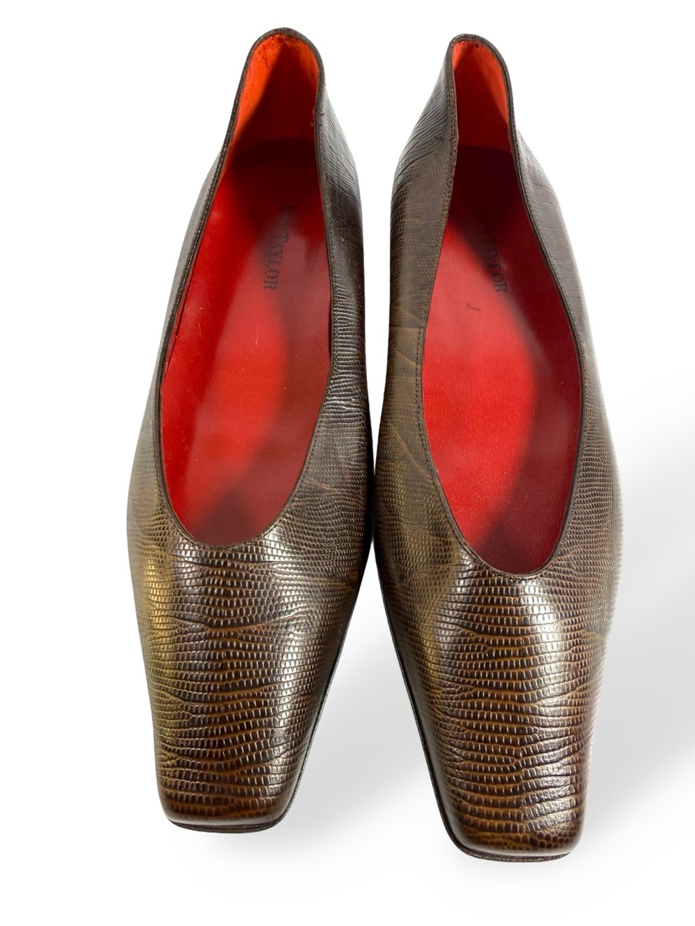 Ann Taylor Brown Lizard-Texture Slip-On Loafers with Red Interior